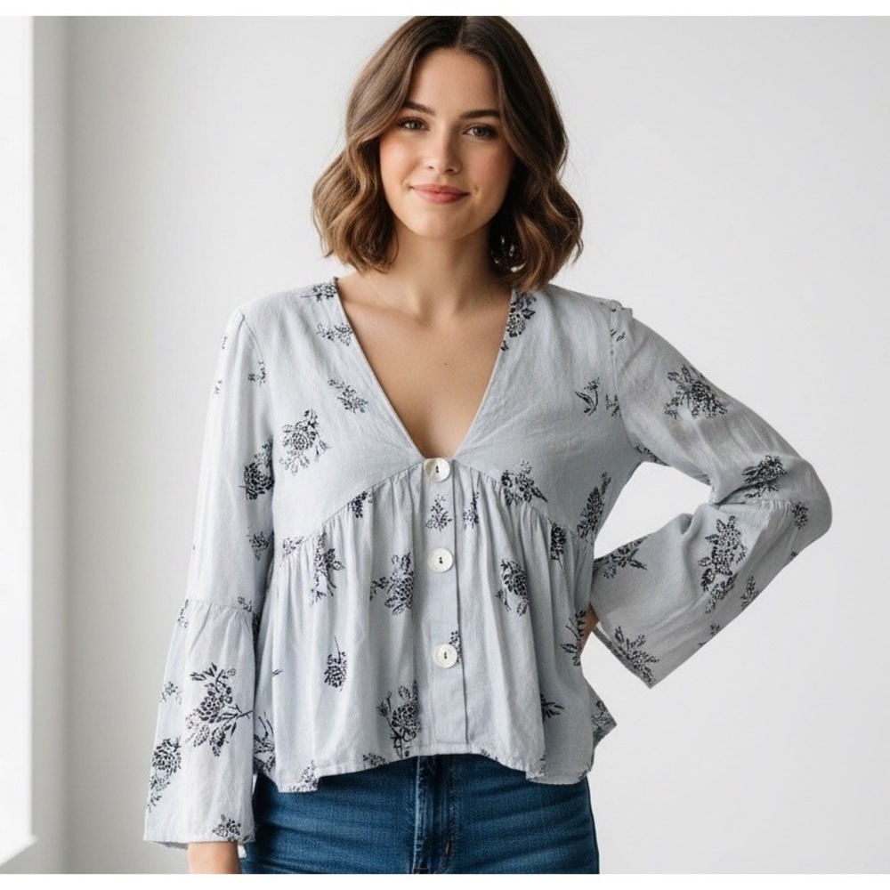 Linen babydoll Shirt Blue White Beach Floral Oversized Cottagecore ZARA XS Top